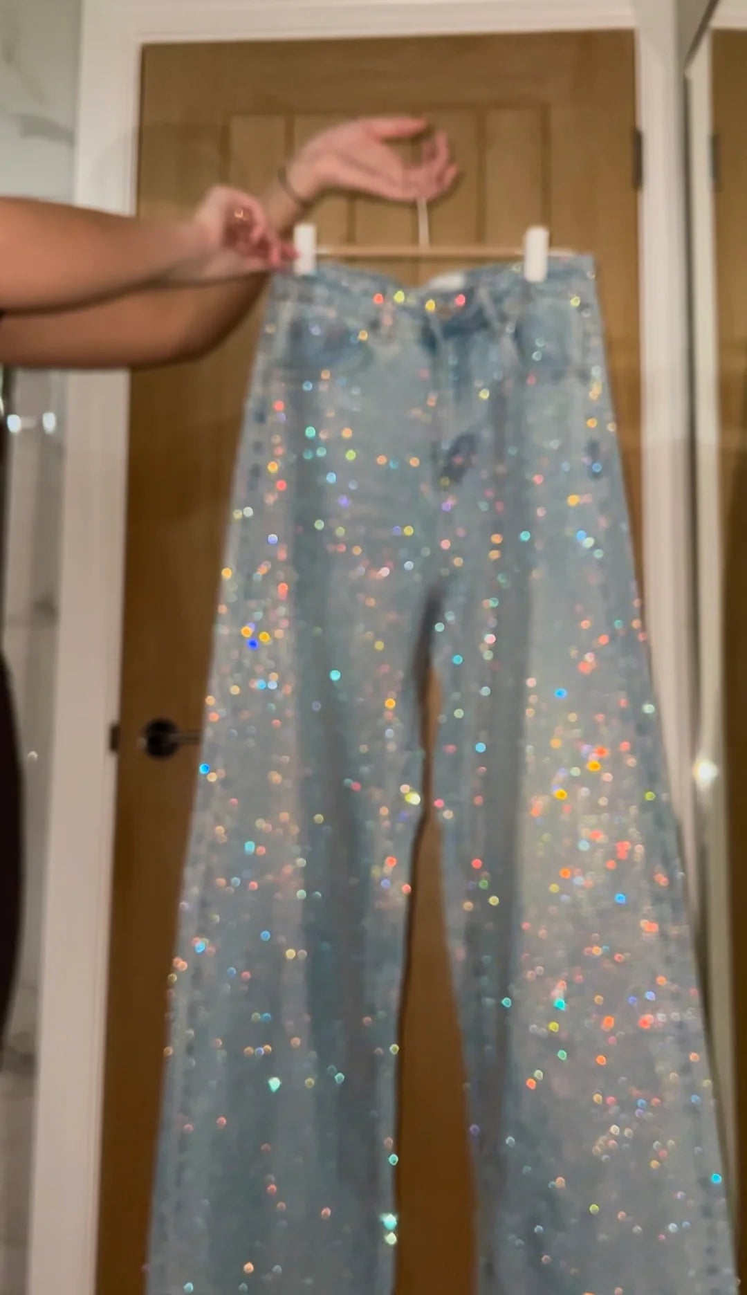 Blue Wide Leg Sparkle Covered Jeans
